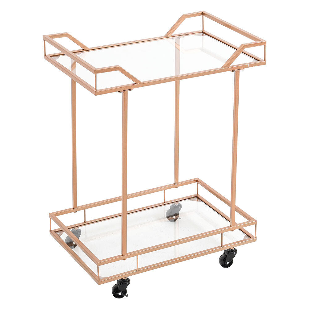 Rose Gold Glass Drinks Trolley Wheels 2 Tiers Home Bar Cart Kitchen Food Serving