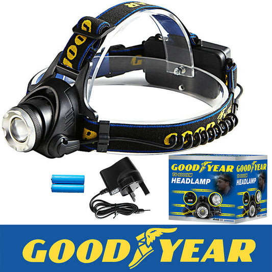 Goodyear Head Light Torch Lamp Headlamp Cree LED Rechargeable Flashlight 6000LM 5055441436890