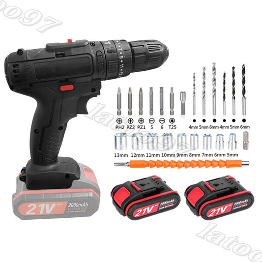 💥SALE💥21V Cordless Hammer Drill Set Electric Impact Driver Screwdriver + 2 Battery FREE SHIPPING
