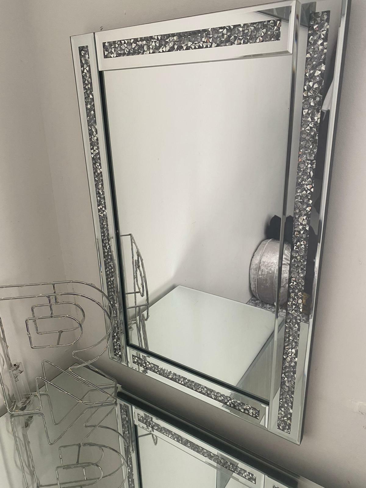 💥SALE💥Large Crushed Diamond Jewel Framed Silver Bordered Wall-Mounted Mirror 40x60cm