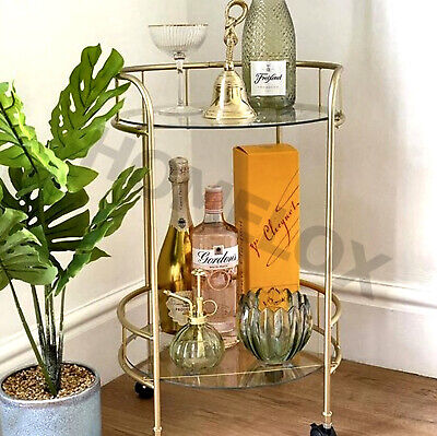 Stylish Gold Drinks Trolley Two Glass Shelves Eye Catching Gold With Castor