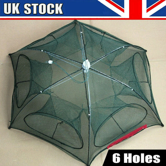 Fishing Net 6 Holes Foldable Shrimp Cast Cage Crab Fish Crayfish Prawn Trap UK