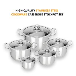 5PC Stainless Steel Cookware Casserole Stockpot Pans Set With Glass Lids Kitchen