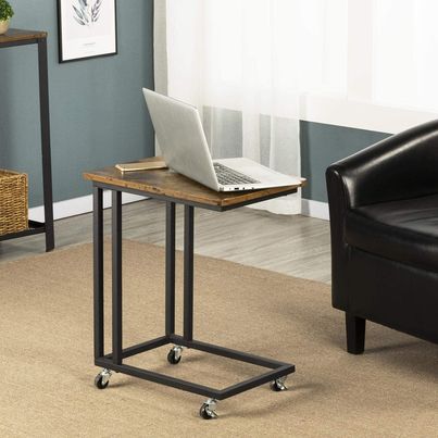 NEW! Side Table with Wheels, C Shaped Sofa Side Table with Sturdy Metal Frame for Small Space