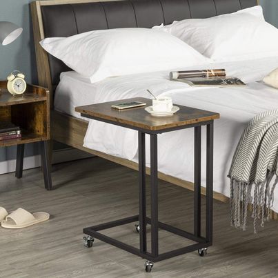 NEW! Side Table with Wheels, C Shaped Sofa Side Table with Sturdy Metal Frame for Small Space