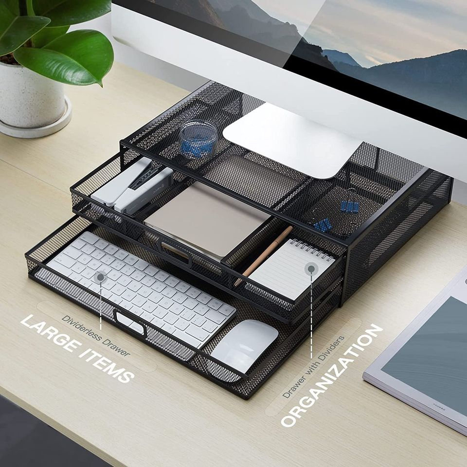 NEW! Monitor Stand with 2 Storage Drawers - Metal Mesh Desk Organizers FREE SHIPPING