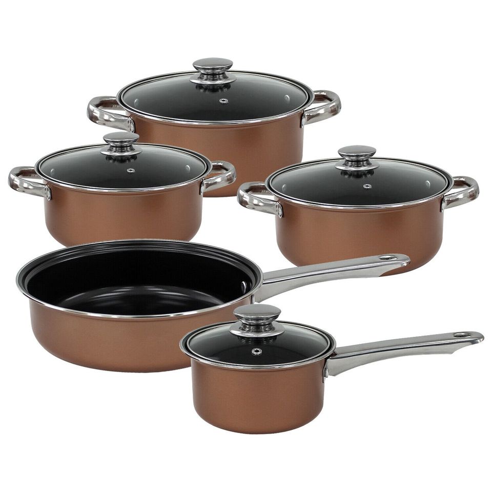 9 Piece Pan Set Gold Cookware Saucepan Non Stick Stainless Steel Cooking Grill FREE SHIPPING
