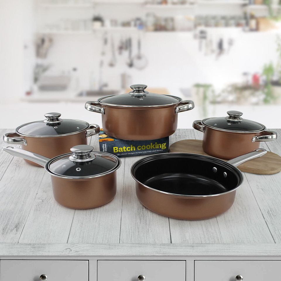 9 Piece Pan Set Gold Cookware Saucepan Non Stick Stainless Steel Cooking Grill FREE SHIPPING