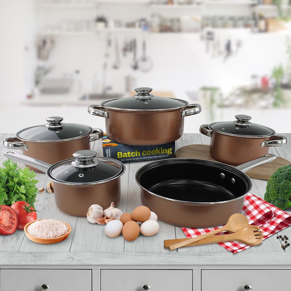 9 Piece Pan Set Gold Cookware Saucepan Non Stick Stainless Steel Cooking Grill FREE SHIPPING