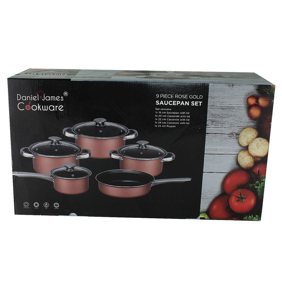 9 Piece Pan Set Gold Cookware Saucepan Non Stick Stainless Steel Cooking Grill FREE SHIPPING