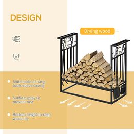 NEW! Steel Firewood Log Holder Indoor Outdoor Firewood Rack Fireplace with 4 Tools Hooks Scrolls