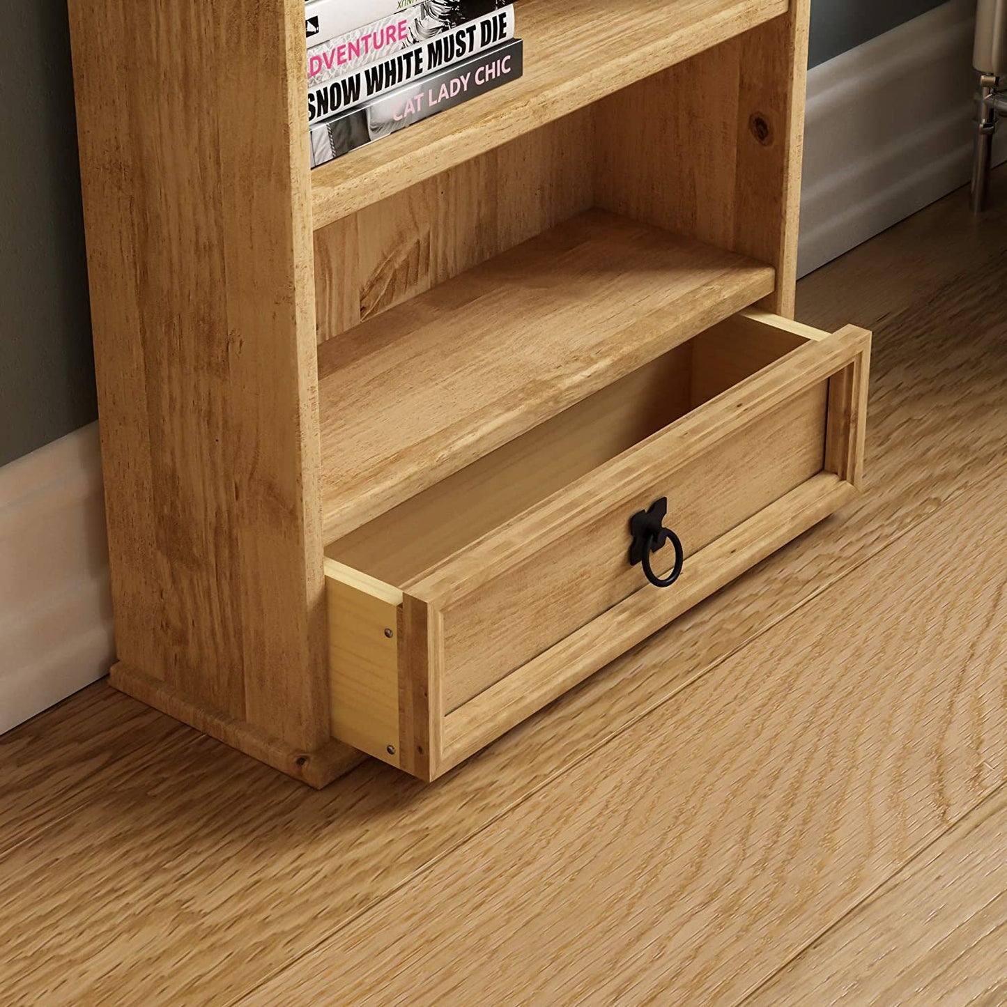 Corona Bookcase, 1 Drawer, Blu-ray/CD Rack, Solid Pine Wood