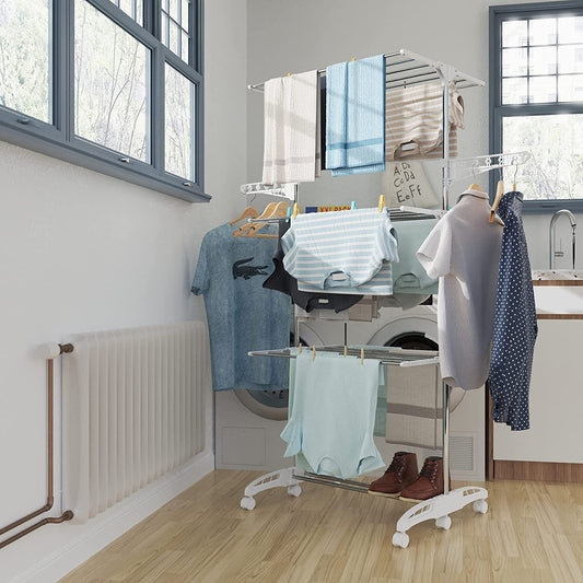 Extra Large 3 Tier Clothes Drying Rack Rail Stainless Steel Folds Flat For Easy Storage
