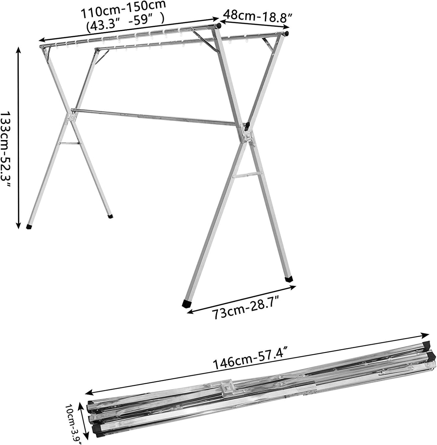 1.5M Retractable Stainless Steel Clothes Drying Rack w/ 20 PP Windproof Hooks Heavy Duty