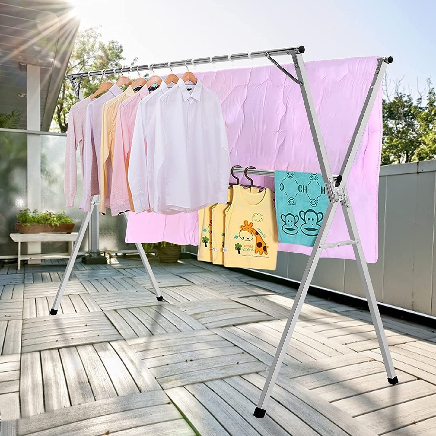 1.5M Retractable Stainless Steel Clothes Drying Rack w/ 20 PP Windproof Hooks Heavy Duty