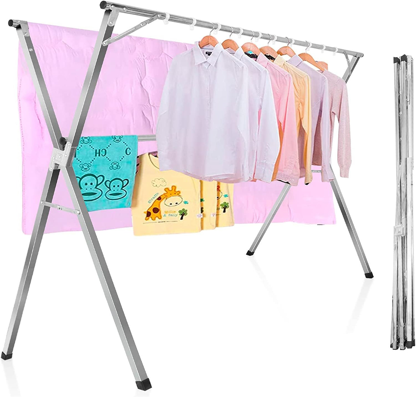 1.5M Retractable Stainless Steel Clothes Drying Rack w/ 20 PP Windproof Hooks Heavy Duty