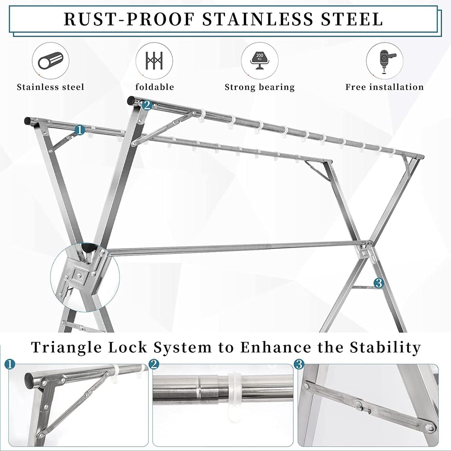 1.5M Retractable Stainless Steel Clothes Drying Rack w/ 20 PP Windproof Hooks Heavy Duty