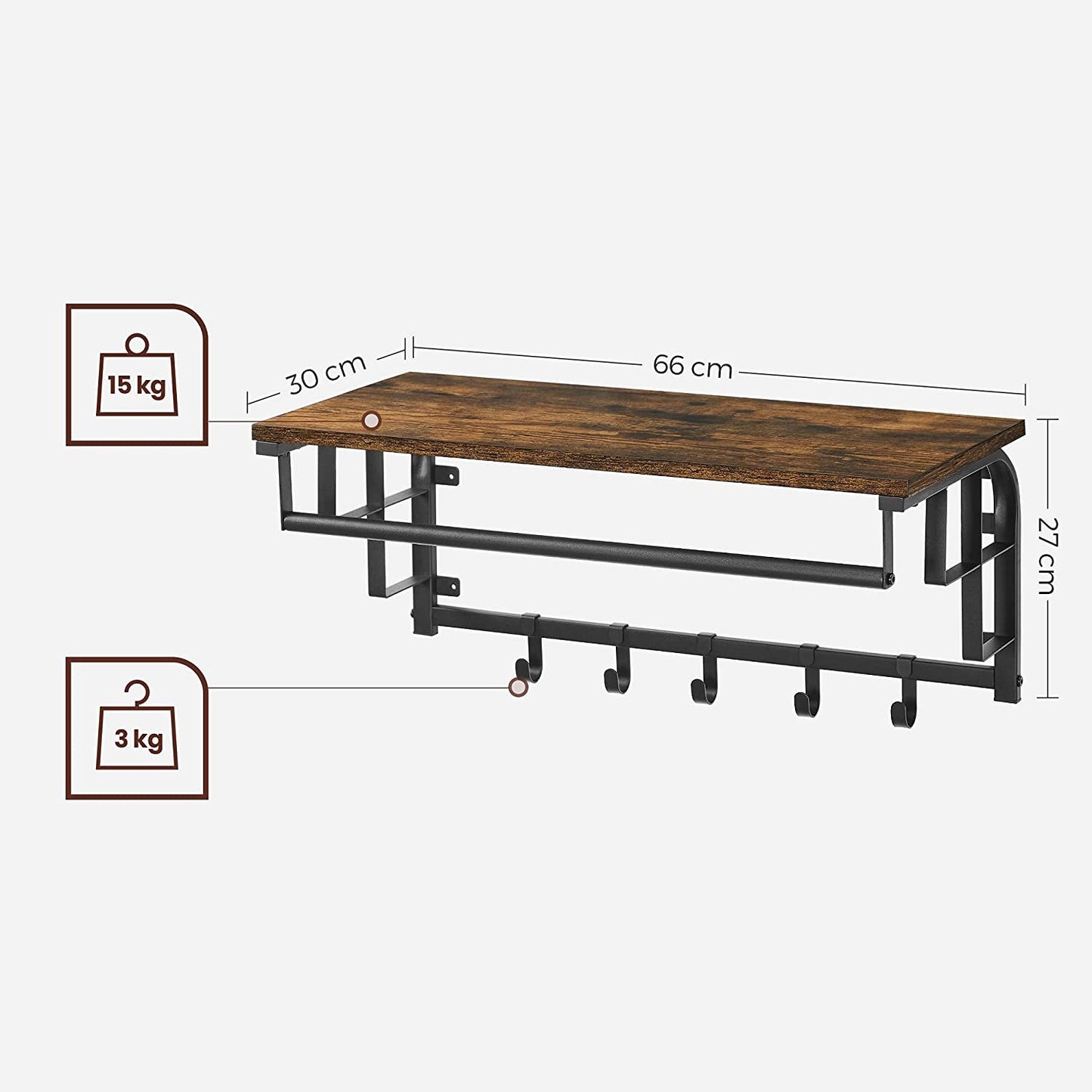 Rack Wall-Mounted with 5 Hook, Hanging Rail, Versatile for Entryway