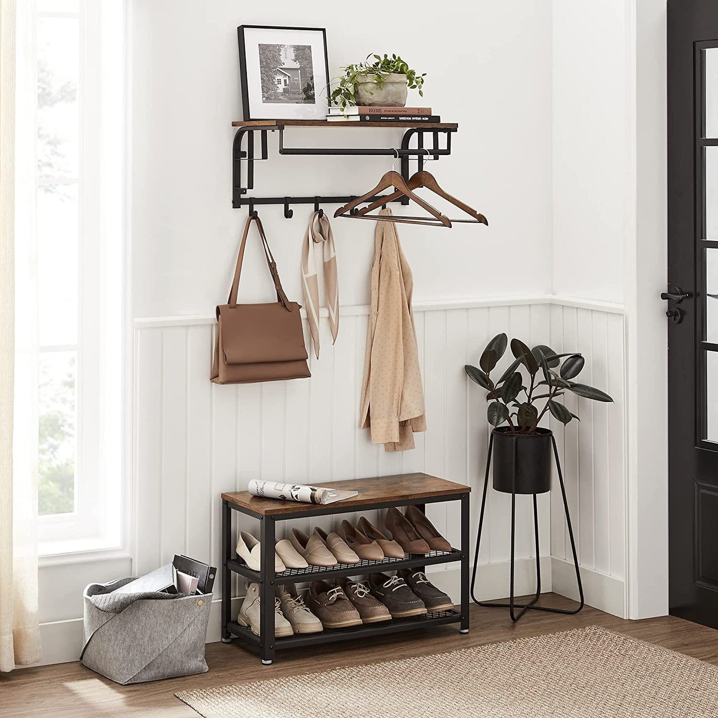 Rack Wall-Mounted with 5 Hook, Hanging Rail, Versatile for Entryway