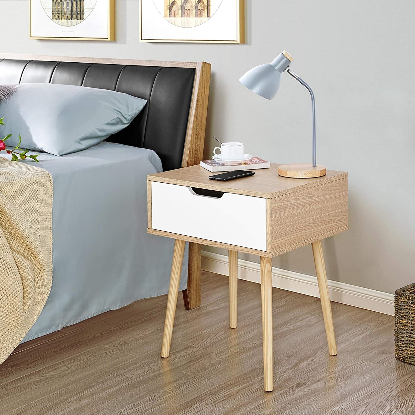 Bedside Table, Wood Nightstand Cabinet with Storage Drawer, Solid Wood Legs