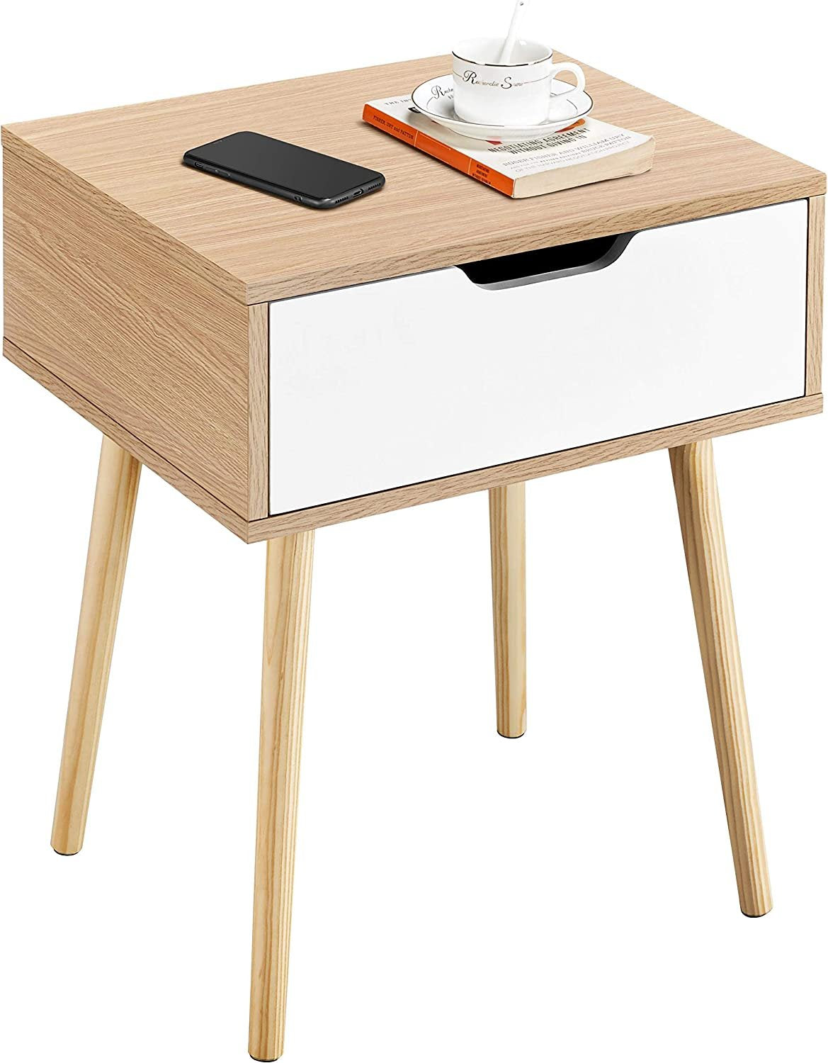 Bedside Table, Wood Nightstand Cabinet with Storage Drawer, Solid Wood Legs