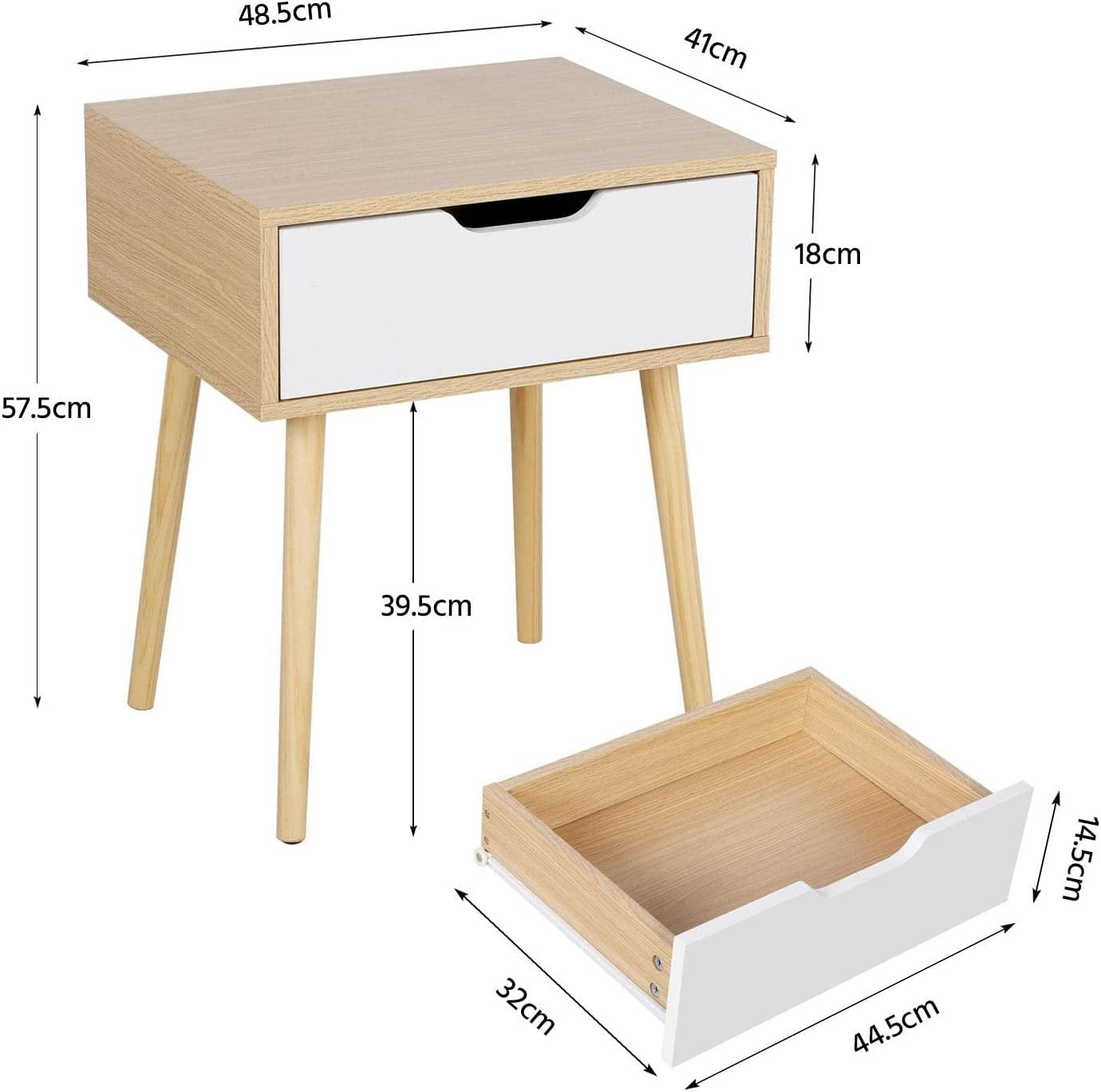 Bedside Table, Wood Nightstand Cabinet with Storage Drawer, Solid Wood Legs