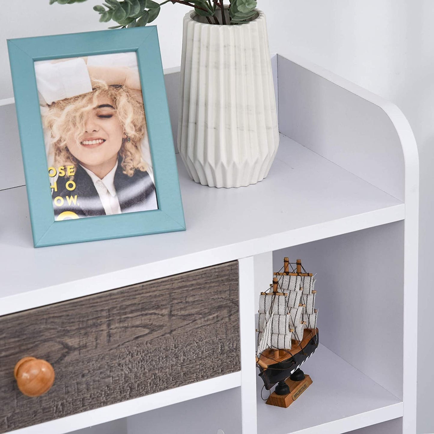 Sideboard Storage Bookcase Freestanding Drawer and 6 Shelves, White