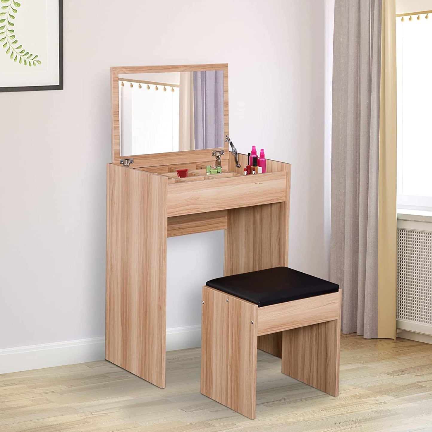 Dressing Table Set Padded Stool Dresser with Flip-up Mirror Multi-purpose