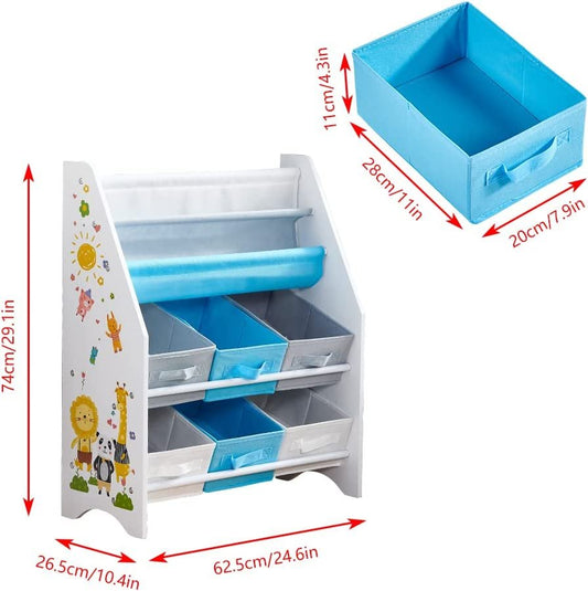 Kids White Small Book Shelf 2 Tier Shelves with 6 Storage Boxes Sling Floor Bookcase