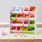Kids’ Toy Storage Organizer with 12 Plastic Bins - White Wood with Pink Bins