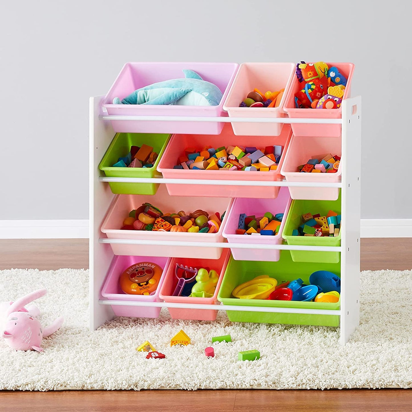 Kids’ Toy Storage Organizer with 12 Plastic Bins - White Wood with Pink Bins