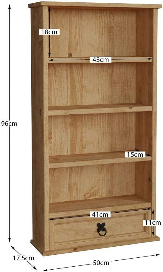 Corona Bookcase, 1 Drawer, Blu-ray/CD Rack, Solid Pine Wood