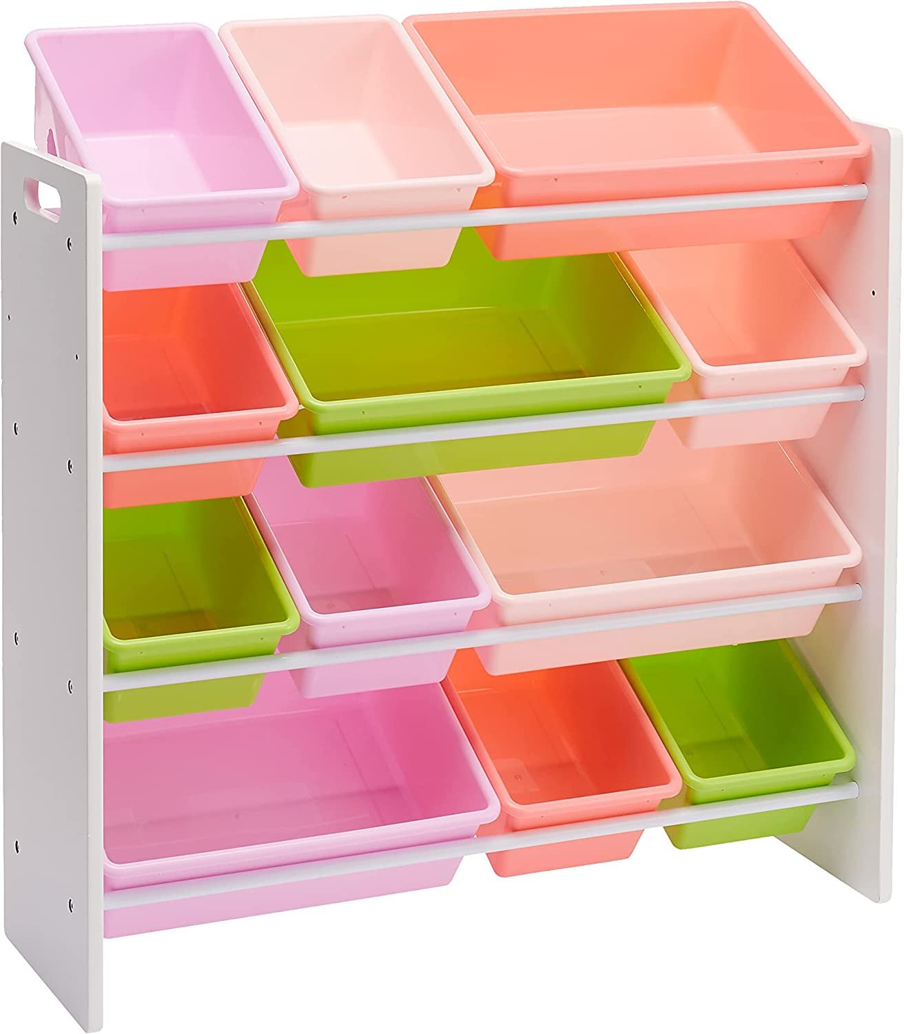 Kids’ Toy Storage Organizer with 12 Plastic Bins - White Wood with Pink Bins