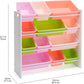 Kids’ Toy Storage Organizer with 12 Plastic Bins - White Wood with Pink Bins