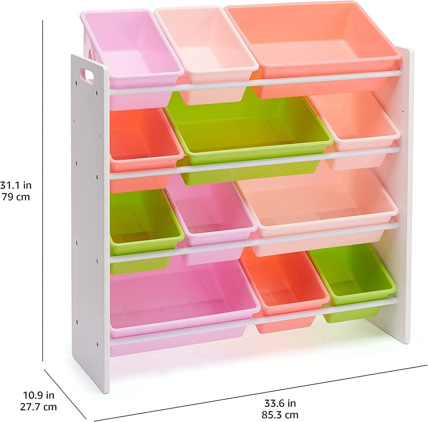 Kids’ Toy Storage Organizer with 12 Plastic Bins - White Wood with Pink Bins