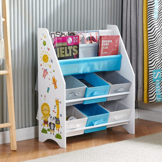 Kids White Small Book Shelf 2 Tier Shelves with 6 Storage Boxes Sling Floor Bookcase