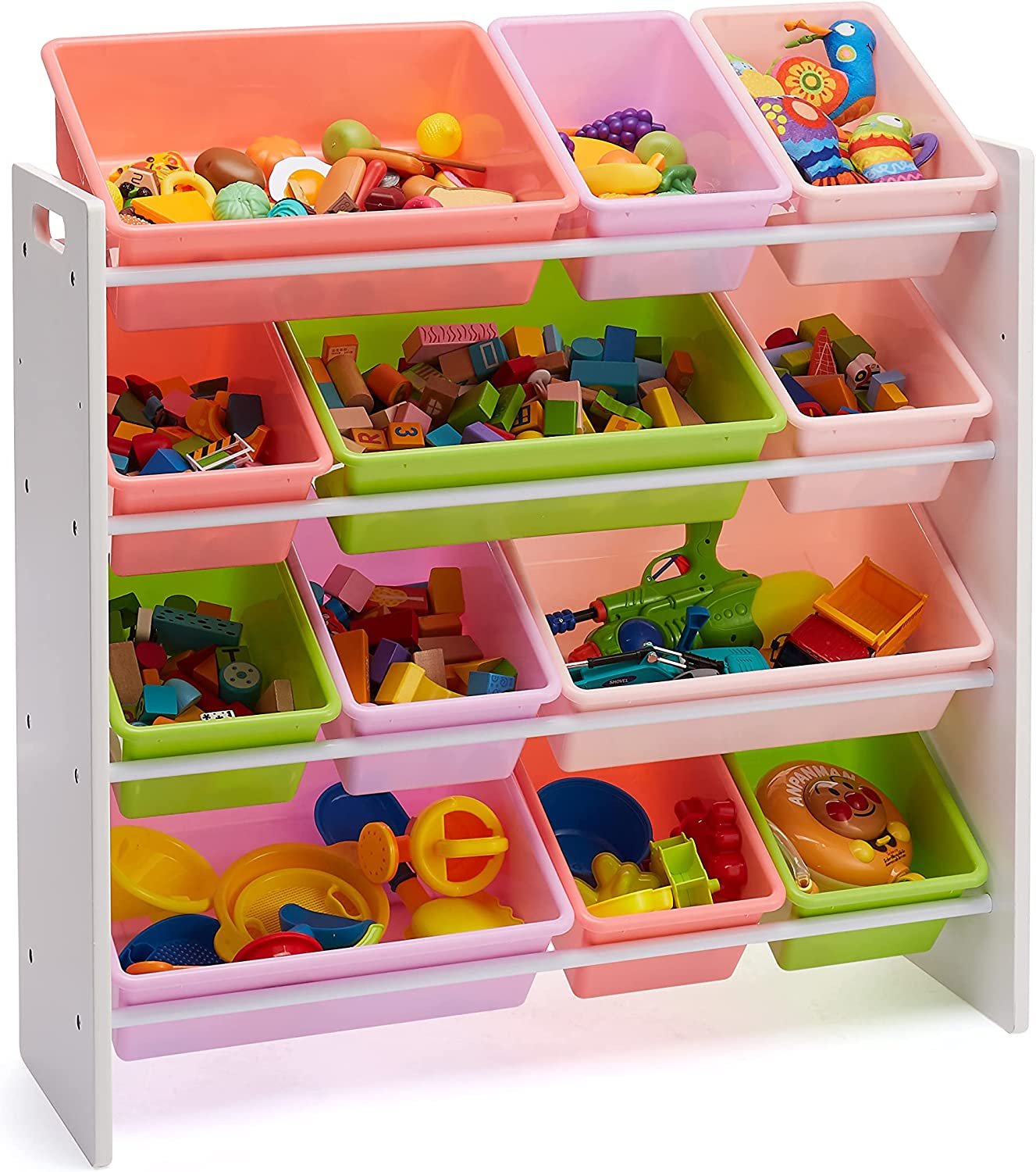 Kids’ Toy Storage Organizer with 12 Plastic Bins - White Wood with Pink Bins
