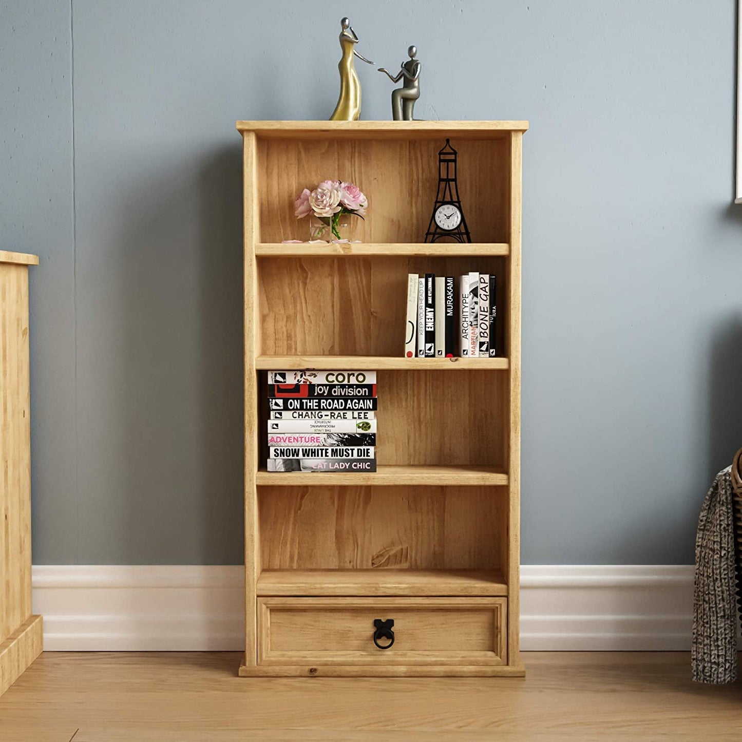 Corona Bookcase, 1 Drawer, Blu-ray/CD Rack, Solid Pine Wood