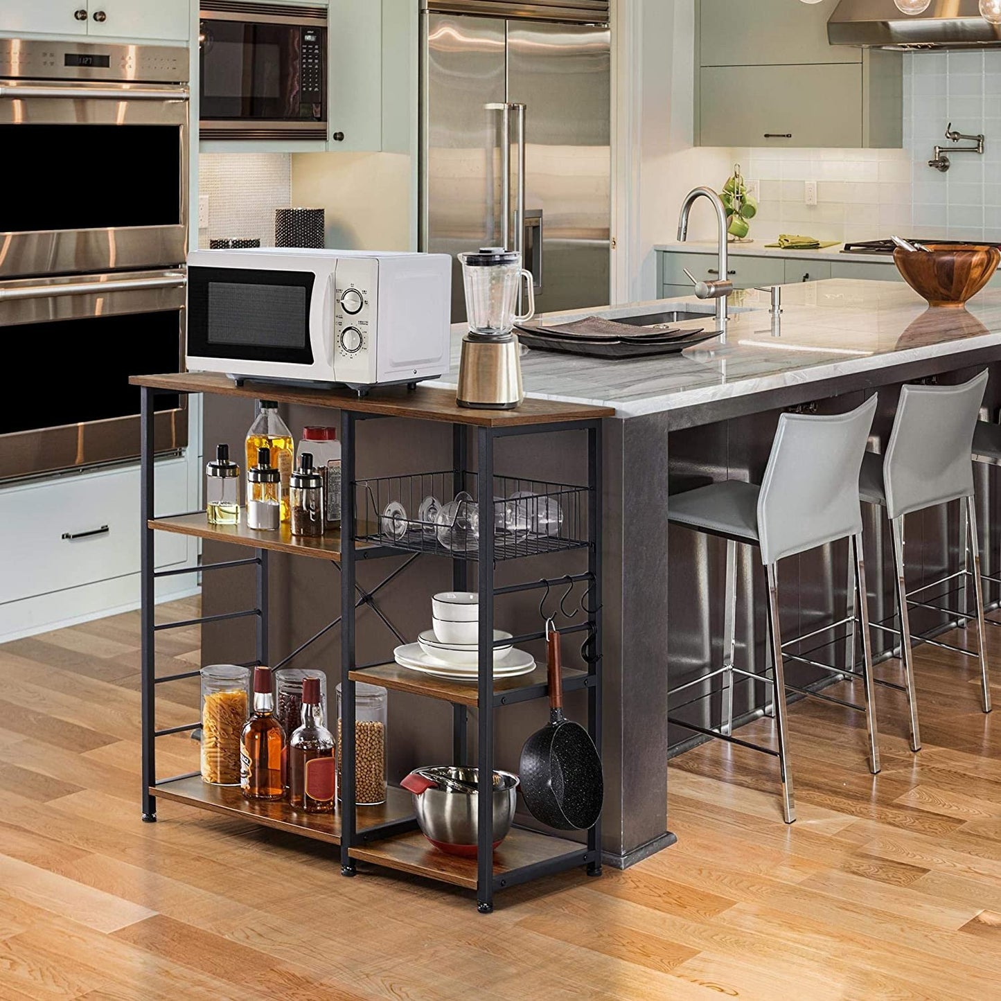 Baker's Rack Kitchen Island Microwave Storage Rack w/ Metal Mesh Basket Shelves & 6 Hooks