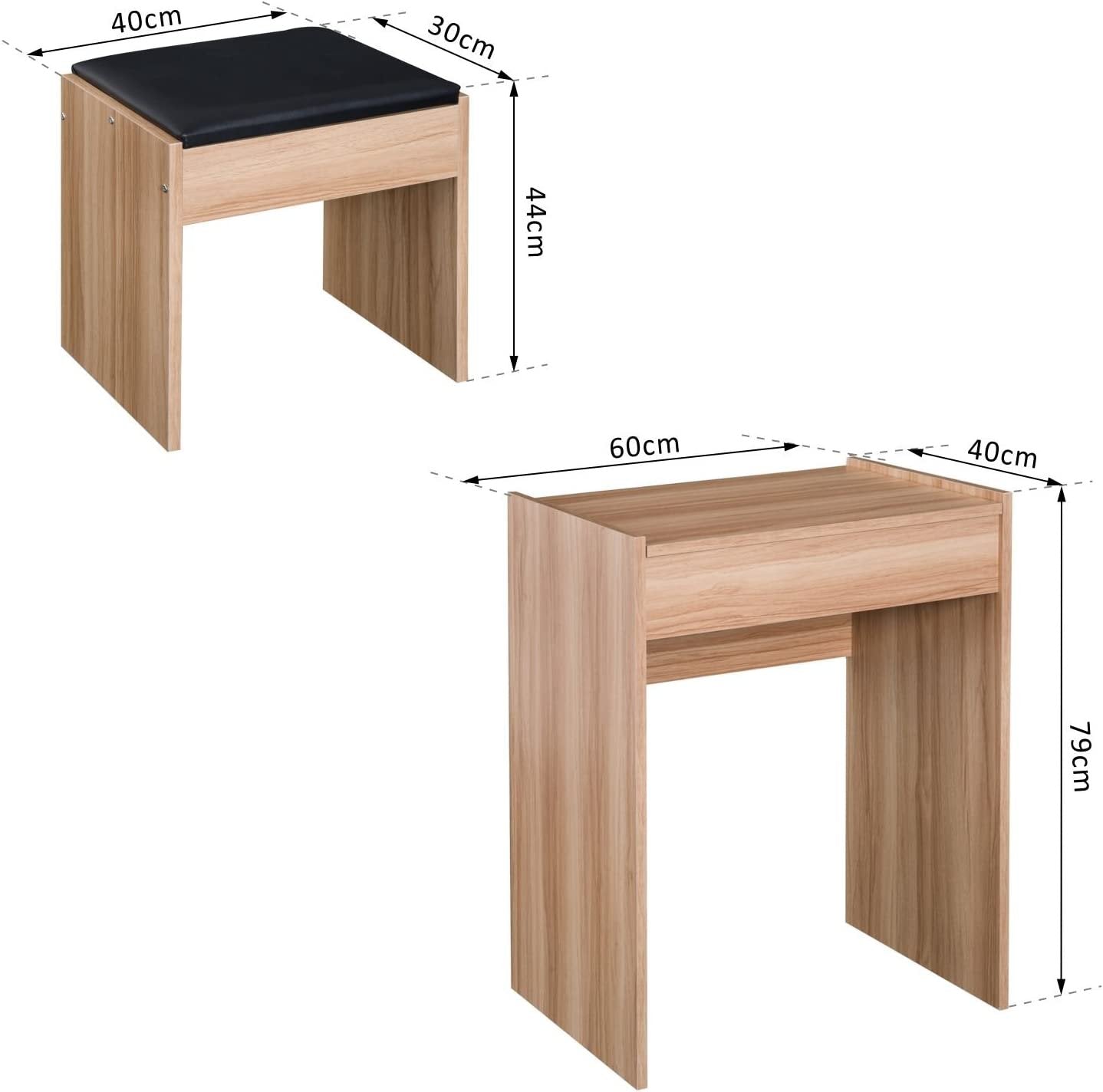 Dressing Table Set Padded Stool Dresser with Flip-up Mirror Multi-purpose