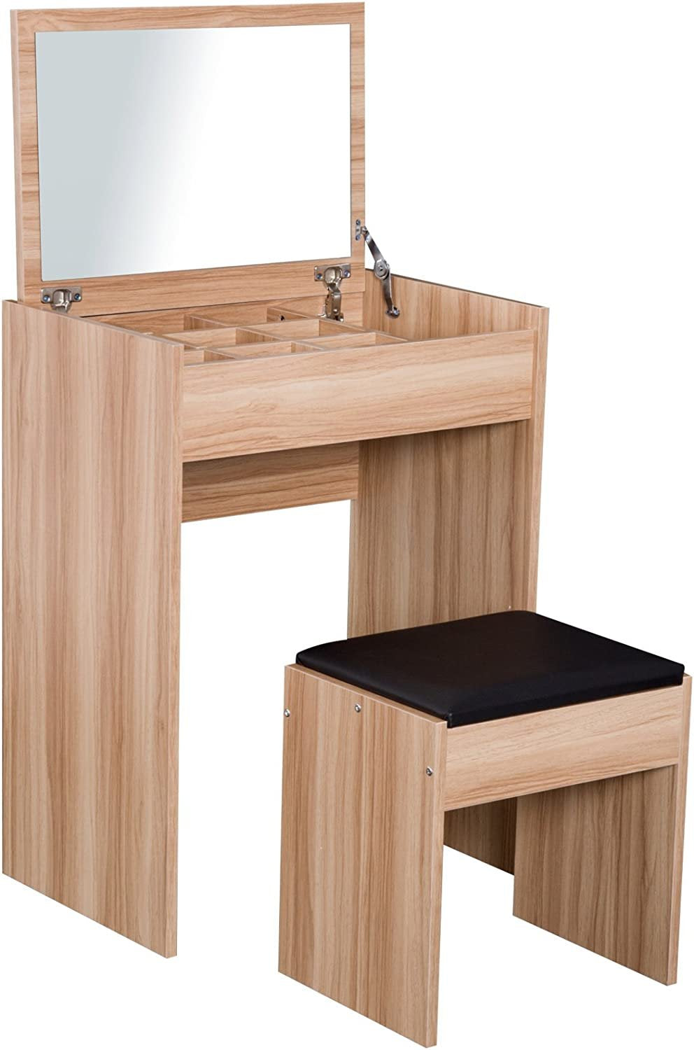Dressing Table Set Padded Stool Dresser with Flip-up Mirror Multi-purpose