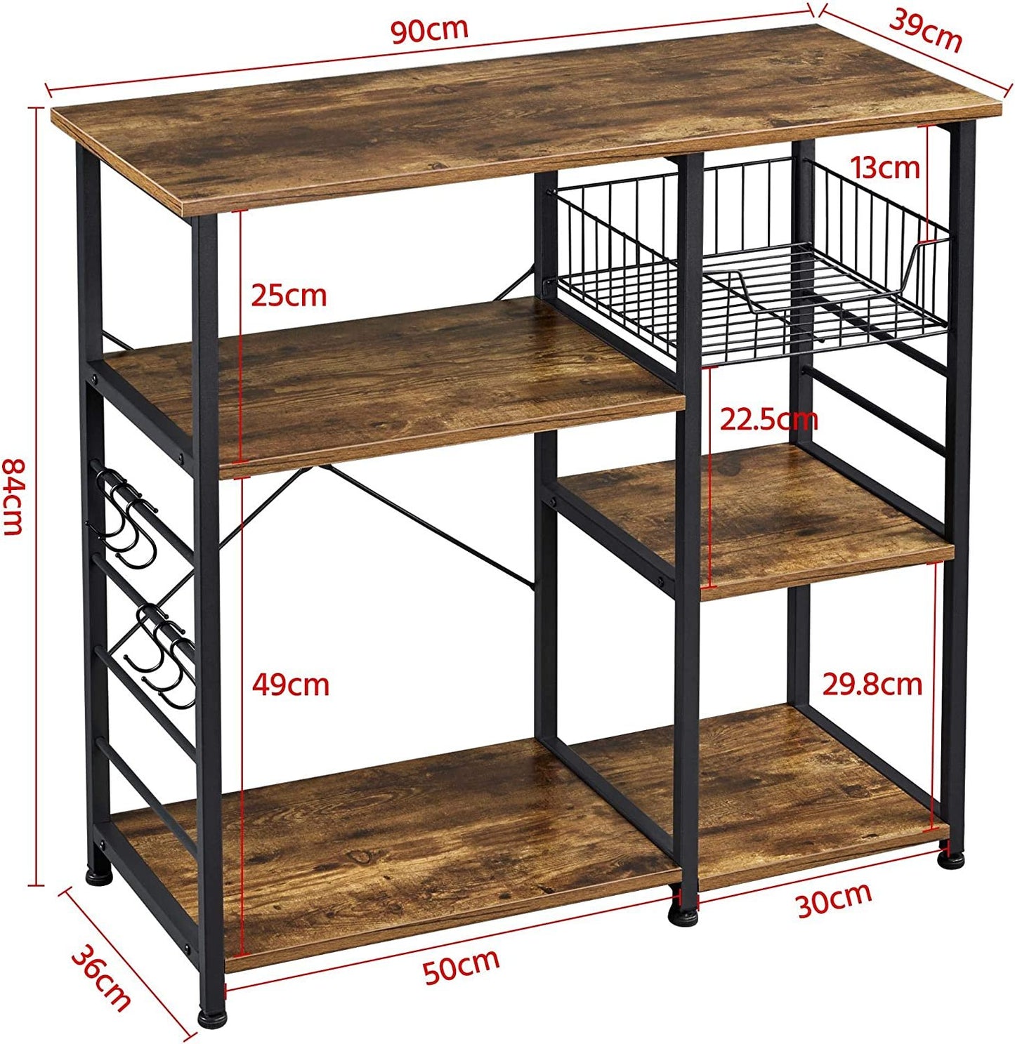 Baker's Rack Kitchen Island Microwave Storage Rack w/ Metal Mesh Basket Shelves & 6 Hooks