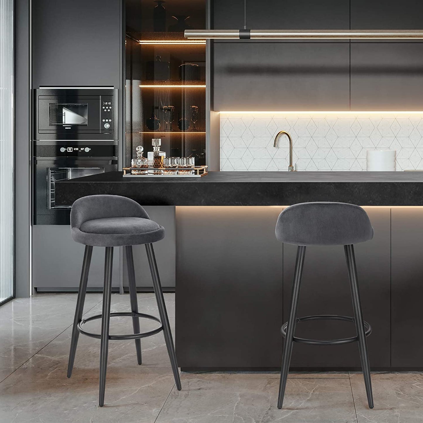 2 Set Bar Stools Dark Grey Velvet Seat Bar Chairs