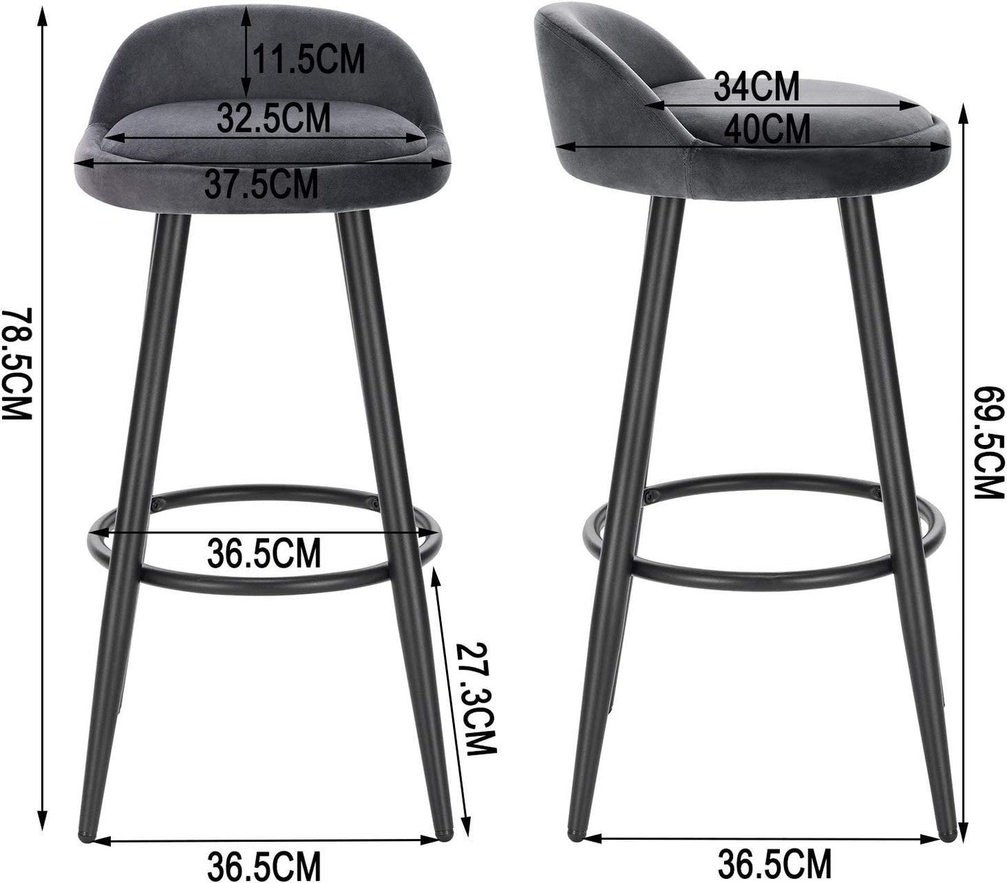 2 Set Bar Stools Dark Grey Velvet Seat Bar Chairs