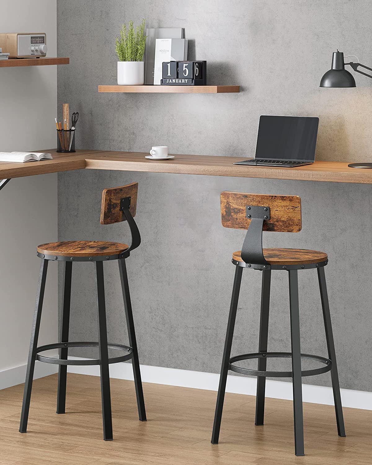 2 Set Bar Stools, Kitchen Stools, Tall Bar Chairs with Backrest, Steel Frame, Rustic Brown