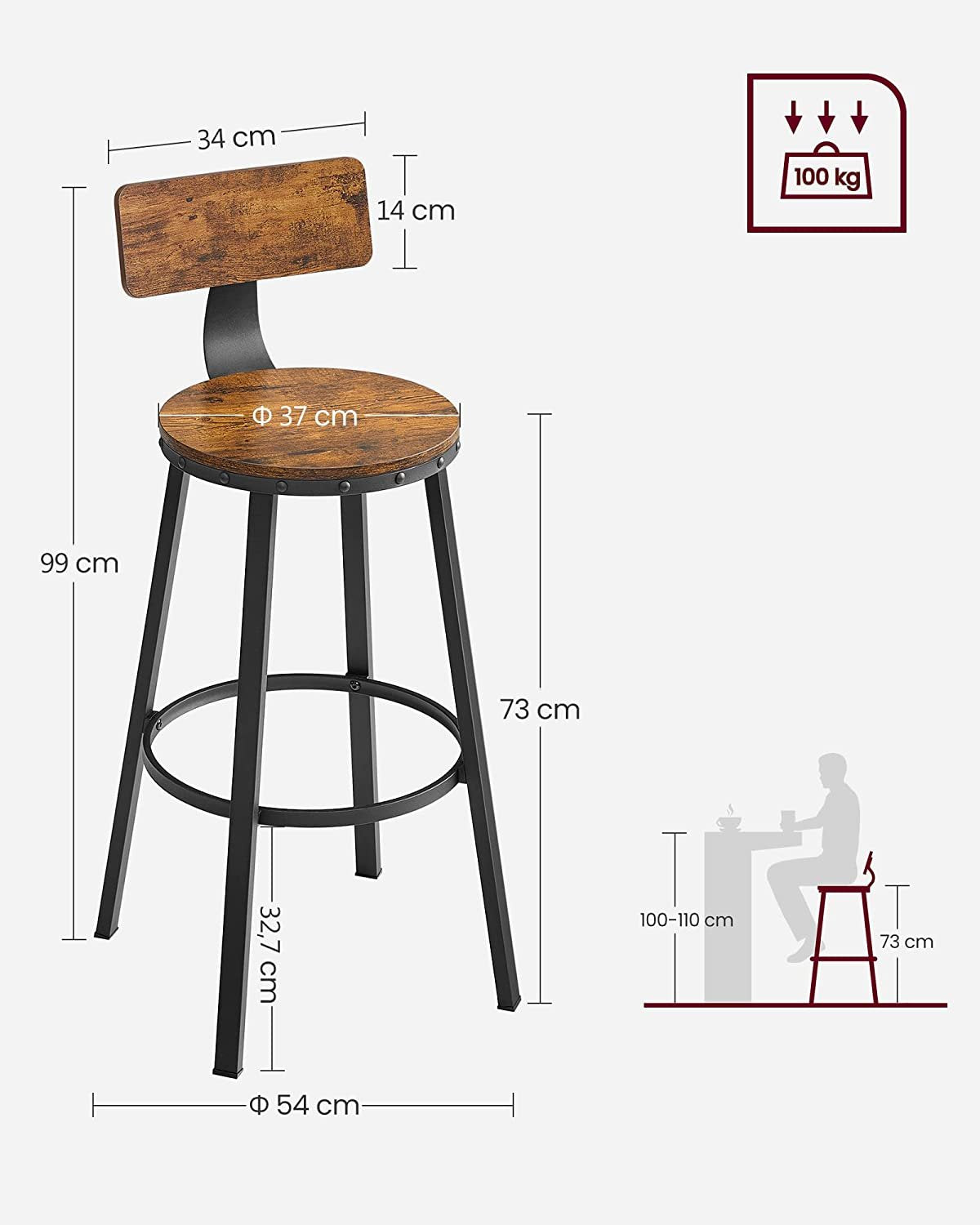 2 Set Bar Stools, Kitchen Stools, Tall Bar Chairs with Backrest, Steel Frame, Rustic Brown