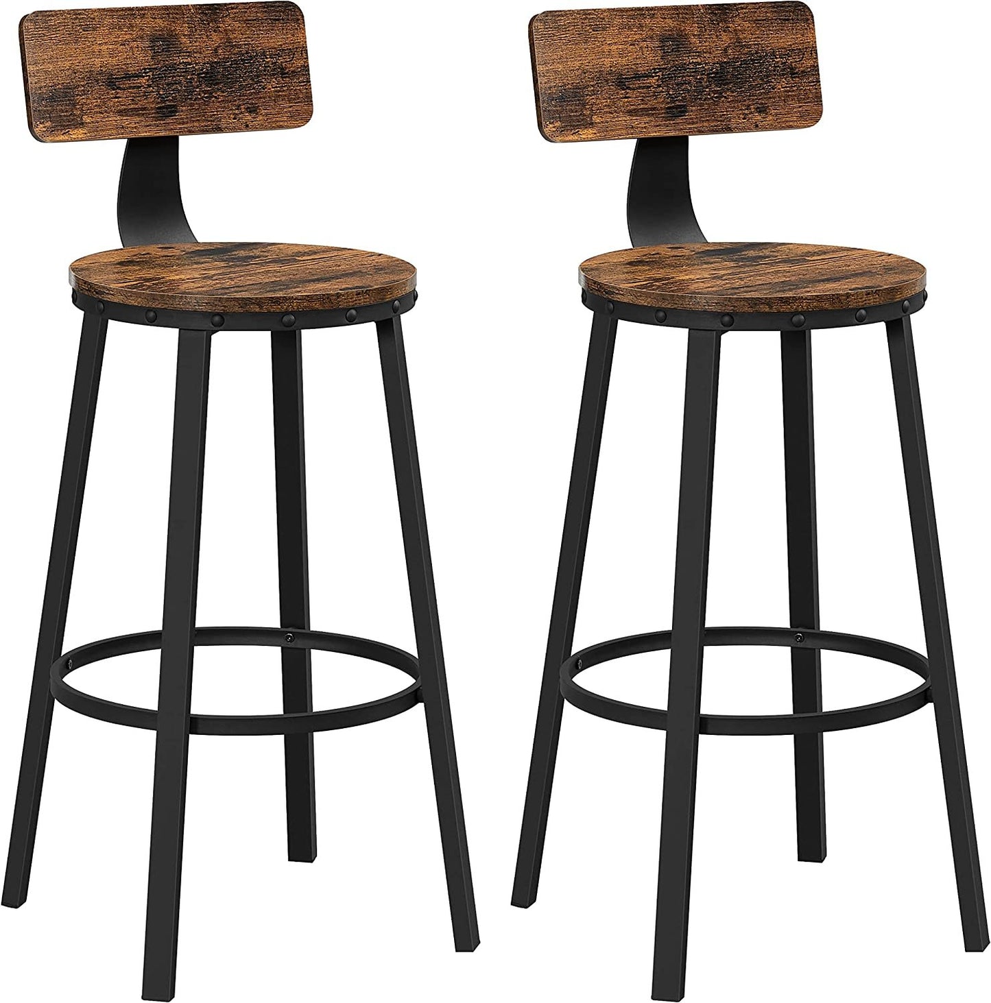 2 Set Bar Stools, Kitchen Stools, Tall Bar Chairs with Backrest, Steel Frame, Rustic Brown