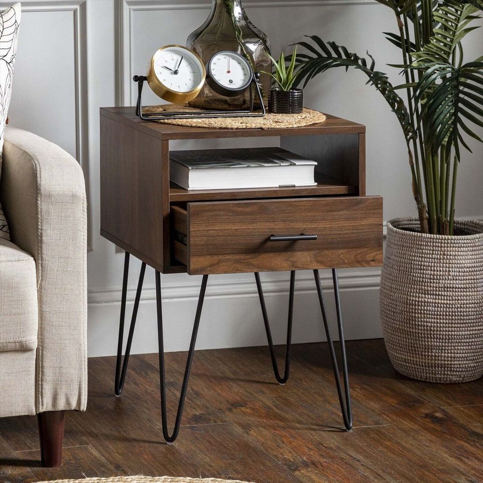 Modern Single Drawer Hairpin Leg Side End Bedside Wood Table FREE SHIPPING