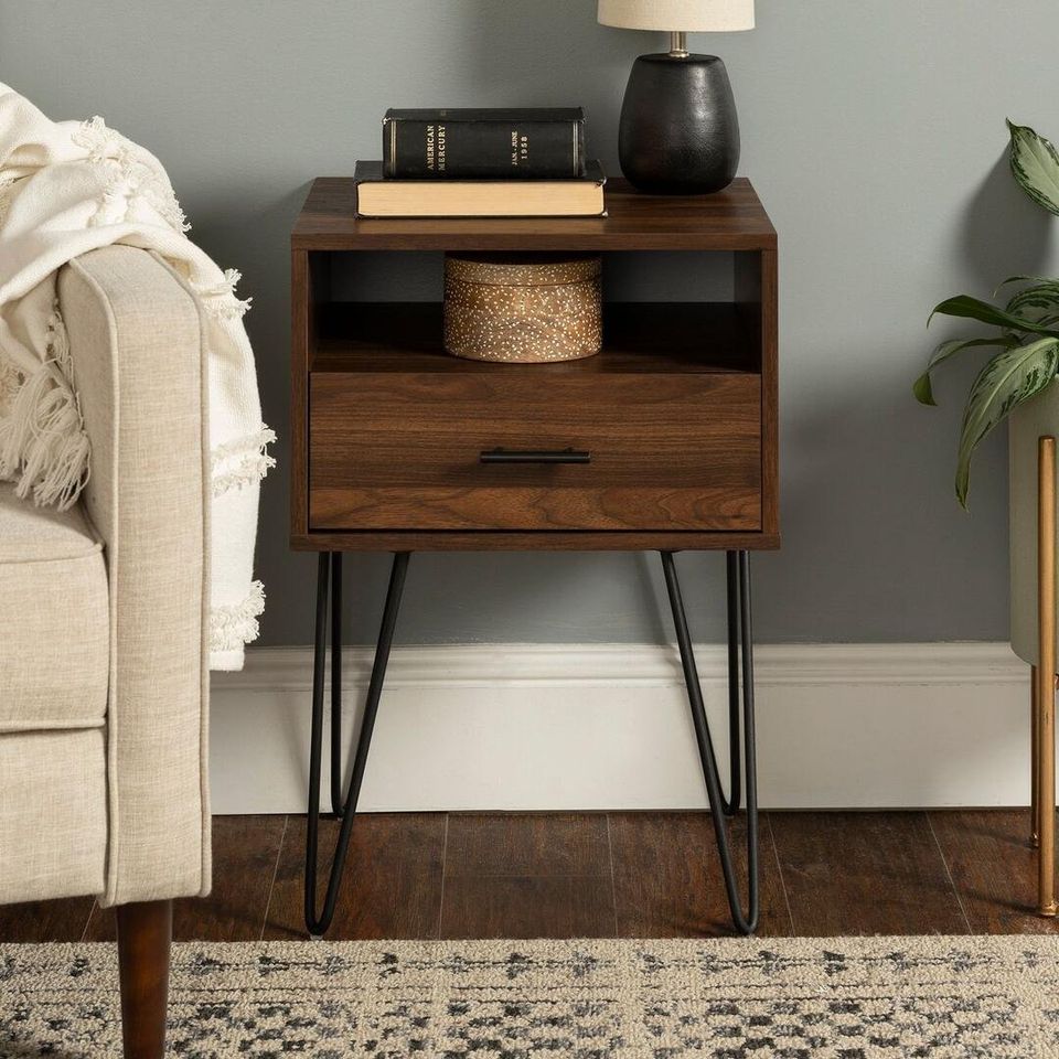 Modern Single Drawer Hairpin Leg Side End Bedside Wood Table FREE SHIPPING