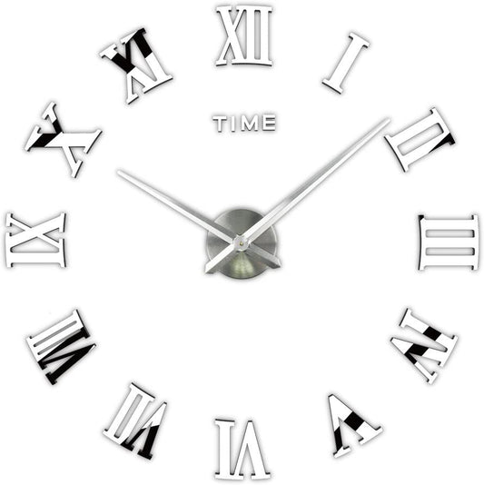 3D DIY Frameless Large Wall Clock Modern Roman Numerals 3D Mirror Sticker